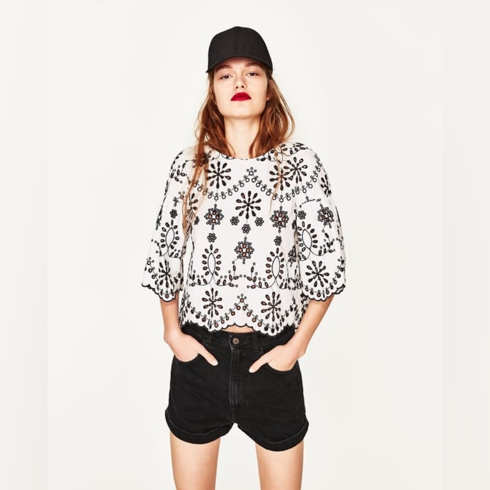 Zara Floral Embroidered Eyelet Top White Black